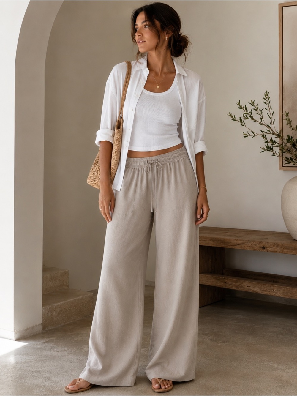 Aritzia Wilfred Wide Leg Drawstring Pants Taupe Beige Relaxed Size Small